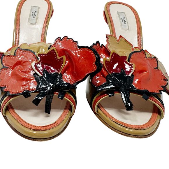 PRADA Red Tan Vintage Flower Heels Mules Spring 2008 Fairy Collection EU 37.5 - Picture 9 of 10